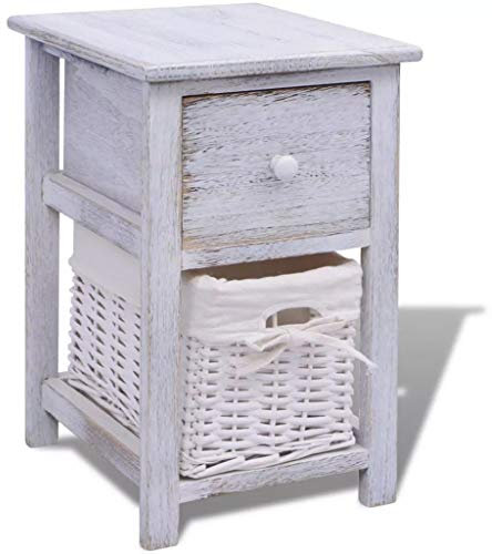 yorten Shabby Chic Nachttisch Schränkchen Holz Beistelltisch Telefontisch Weiß mit 1 Schublade und 1 Flechtkorb 28 x 31 x 45 cm