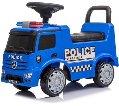 Devessport Correpasillos Camión de Policía Mercedes-Benz | con Volante, Sirena y Compartimento Bajo el Asiento – para Niños Desde 12 Meses