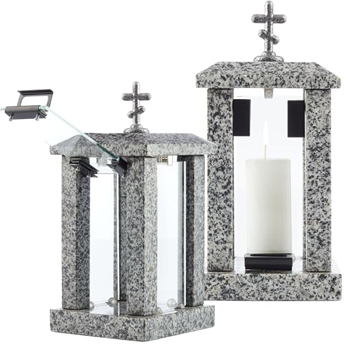 Granite Candle Lantern with Orthodox Cross – H 22.6 (32cm) Grey Graveside Tribute Memory – Funeral Gift, Cemetery Grave Ornaments, Square Memory Outdoor Lantern - Decoration for Graveyard or Home Use