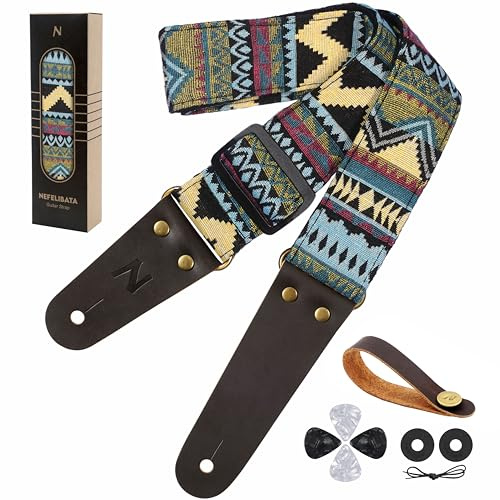Nefelibata Gitarrengurt, Vintage bestickte Baumwollgitarrengurte mit Echtlederenden für Bass-, Elektro- & Akustikgitarren, mit kostenlosem Gurtknopf, 1 Paar Gurtschlössern und 4 Gitarrenplektren