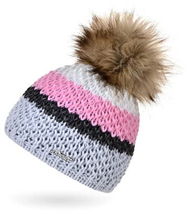 Neverless® Damen Strick-Mütze gefüttert Fleece-Innenfutter Fell-Bommel Kunstfell Winter-Mütze Bommelmütze Grobstrick Mehrfarbig grau-rosa Unisize