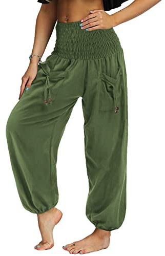 Nuofengkudu Femme Hippie Pantalon Sarouel Poche Taille Haute Baggy Viscose Harem Yoga Pants Boheme Detente Soft Relax Leger Pantalons Pyjama Casual Streetwear Danse Ete Plage Voyage Vert Foncé L