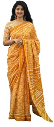 Kiaaron dam Ikat hand block tryck jaipuri bomull mulmul sari med blusstycke, Gul, 5.5m