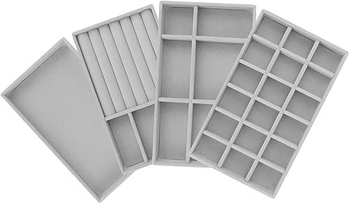 Anruyi 4 PCS Jewelry Tray Organiser Set, Jewellery Drawer Organiser Jewellry Storage Display Showcase with 4 PCS Wiping Cloth Jewellery Storage Tray for Ring Earring Necklace Bracelet (Grey)