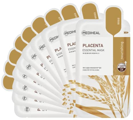 Mediheal Best Korean Sheet Mask - Placenta Essential Face Mask 10 Sheets For Anti-aging, Korean rejuvenazing mask, ultra-nourishing, glowy skin treatment