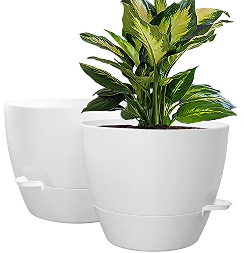 WOUSIWER 10 inch Self Watering Planters, 2 Pack Large Plastic Plant Pots with Deep Reservior and High Drainage Holes for Indoor Outdoor Plants and Flowers, White
