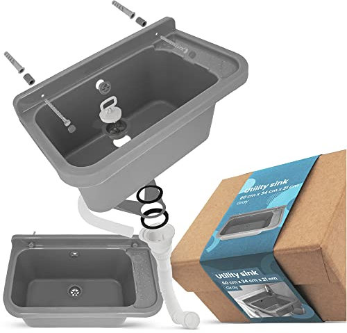 Waschbecken mit Regal 60 x 34 x 21 cm Grau | Spülbecken Ausgussbecken Waschtrog Becken Ablage Überlauf Gewerbe Waschraum Garten Garage Keller Werkstatt Waschküche Außenwaschbecken Gartenwaschbecken