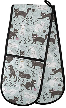 Gants de cuisine doubles en forme de chat blanc noir résistant à la chaleur pour barbecue, cuisson, grillade, micro-ondes