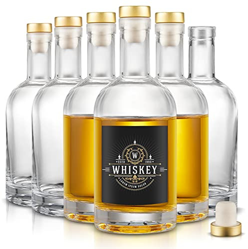 Mfacoy Set of 6 Glass Bottles, 12 oz Clear Liquor Bottles, Heavy Base Glass Bottle with T-Top Cap, Vodka Bottle for Wine Beverages Drinks Oil Vinegar Kombucha Beer with Cork Stopper Airtight Lid