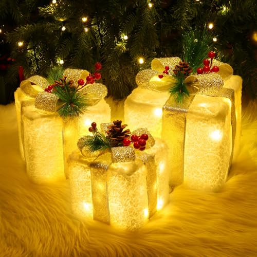 Quntis Set of 3 Light Up Present Boxes, 60 LEDs Parcels Lights Snow | Christmas Decorations, Illuminated White Present Lights Gift Boxes Christmas Tree Decorations Indoor Xmas Fairy Lights Decor