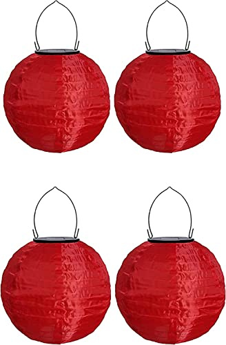 Youning Lampions Außen Wetterfest Solar LED Laterne Wasserdicht Hängende Solar Lampion für Außen 30cm Solarlaterne Outdoor Deko Nylon Papier Laterne Runde Gartenlampions Außenlaternen (4PCS/Rot)
