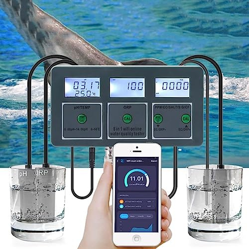 VIOLK WiFi Smart Water Quality Monitor, misuratore di PH 8 in 1 Data Logger Temperatura TDS Salinità SG EC Analizzatore di ORP for acquari Piscina idroponica, Applicare in fonti d'Acqua, Acquario