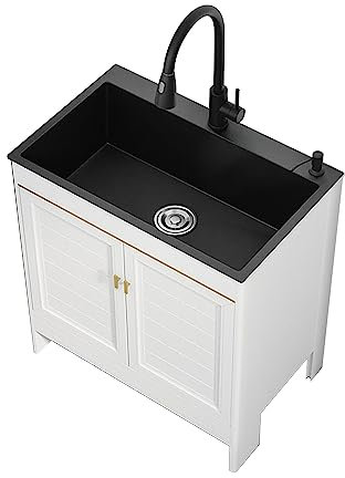 EFLAL Spüle mit Unterschrank, Waschbecken Küche, Edelstahl, Schwarz, Freistehend, 50*45cm, Modern, Poliert, X-förmiges Umleitungsdesign, 1 Loch, 35cm hoch, 45cm tief und breit, Küchenspüle