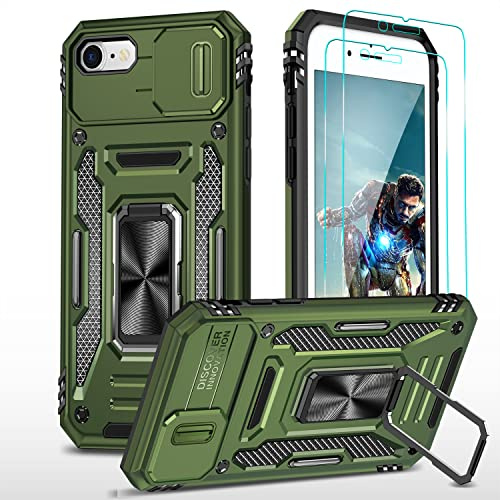 YmhxcY Hülle Für iPhone 7/8/SE 2020/2022 Hülle,*2 Displayschutzfolie,Slide Camera Cover, Militär Grade Schutzhülle, 360°Drehen Metallständer,Für iPhone 7/8/SE 2020/2022 Hülle-Olivgrün