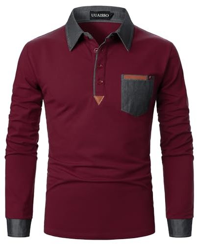 UUAISSO Polo à Manches Longues pour Homme T-Shirt de Poche en Coton avec Coutures Colorées Coupe Ajustée Golf vin Rouge XL