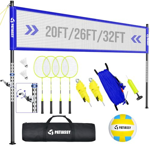 Patiassy Outdoor Volleyball Net System for Backyard, Adjustable Height (5.1–8FT) & Width (20–32FT), Anti-Sag Tension System, 2-in-1 Badminton Combo Set with Carry Bag, Rackets & Shuttlecocks