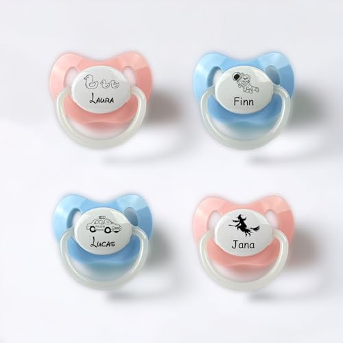 Schnuller personalisiert mit Motiv und Name rosa oder blau Gravur 15 verschiedene Kindermotive nip Babyschnuller Geschenk Geburt BPA frei (2 Stk. Blau)