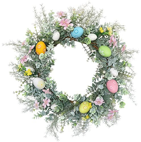 Wnvivi 50 cm Ostereierkranz, künstliche Osterkränze für Haustür-Dekoration, Frühlings-Eukalyptusblätter-Kranz mit Ostereiern für Zuhause, Tür, Fenster, Kamin, Dekoration (L)