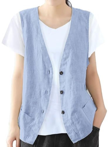 IDEALSANXUN Damen-Weste, Baumwolle, Leinen, lässig, ärmellos, Blazer, Cardigan, leichte Jacke, Hell, blau, XXX-Large
