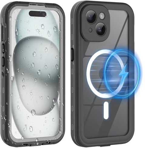 WindRen Custodia Impermeabile per iPhone 15 MagSafe, Custodia Protettiva da Esterno a 360 Gradi con Proteggi Schermo,Cellulare Custodia Corazzata Antipolvere Antiurto per Custodia iPhone 15 6.1 Nero