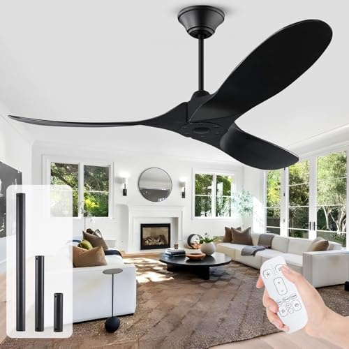 178cm Deckenventilator Mit Fernbedienung Ohne Licht, Schwarz Deckenventilator Outdoor Holz, Groß Deckenventilator Ohne Beleuchtung, für Terrasse Pavillon Schlafzimmer, Geräuscharmer Reversibler Motor