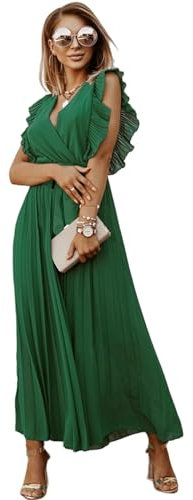 HEYPORK Damen Frühling Sommer Kleider Bequem Lässig Kleid Mode Elegant Röcke Frauen Temperament Langes Kleid Geraffte Ärmel Chiffon Faltenrock Feste Farbe Kleider(Grün, XL)