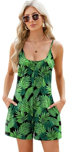 es-uk Women’s Summer Playsuit Romper with Pockets Casual Sleeveless Spaghetti Strap Loose Fit Short Jumpsuit Beach Holiday Outfit (Green Palmleaf, XXL)