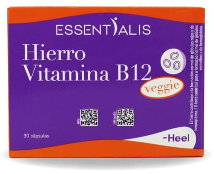 Essentialis Hierro Vitamina B12 Veggie-Con hierro, ácido fólico, vitamina B12 y vitamina C-Acción formadora de glóbulos rojos y hemoglobina-1 o 2 al día-30 cápsulas veganas