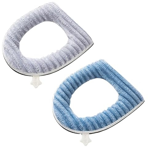 2 Pack Thicker Soft Toilet Seat Cover Pads, Toilet Seat Cushion Covers for Bathroom Washable and Warmer Toilet Lid Seat Cover with Zipper and Handle Fits Most Size Toilet Lids (Grey+Blue)
