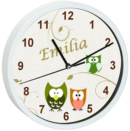 CreaDesign, Wanduhr für Kinderzimmer Eule grün orange, Kinderuhr weiß mit Quarz Uhrwerk, personalisiert mit Name, Durchmesser 19,5 cm