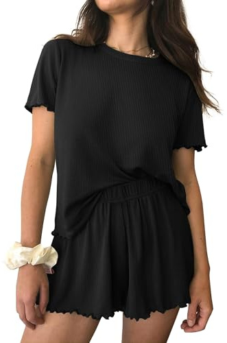 Ekouaer Schlafanzug Damen Gestrickt Pyjama Set Rundhals Kurze Ärmel Weich Zweiteiliger Sleepshirt Schwarz M