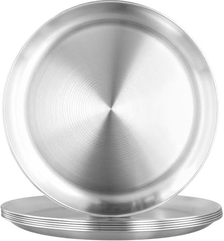 HONYUET 6 PCS 12 Inch Stainless Steel Plate, 30cm Round Silver Metal Dinner Plates for Steak Salad BBQ Pizza Camping