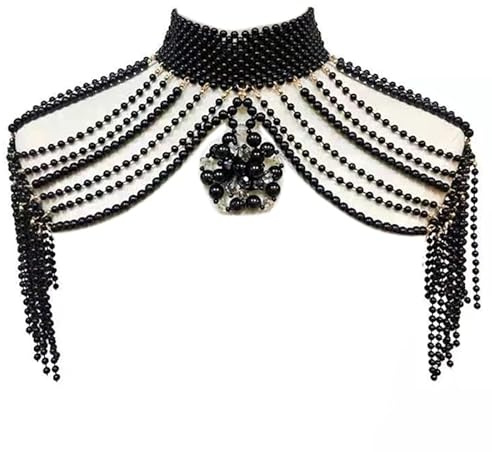 JUNNASALIKER Collana da donna intrecciata con perline di perle finte a collo alto, gioielli per il corpo con ciondolo a bavaglino catena da spalla per feste di nozze, Nero , S/L