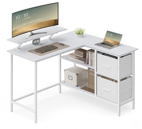 VASAGLE Scrivania per Computer a L, Scrivania ad Angolo con 2 Cassetti Spaziosi e Supporto per Monitor, Ripiano Regolabile, per Ufficio Studio, Bianco Acero LWD097W01