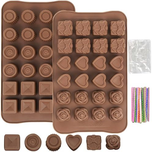 Flower/Round Shapes Silicone Moulds - 2Pcs Chocolate Molds, Flexible Mould for Gummy with 100Pcs Zip Ties, 3D Moulds for Cupcake, Non-Stick Chocolate Mold, Baking Kitchen Mold for Valentine's Day