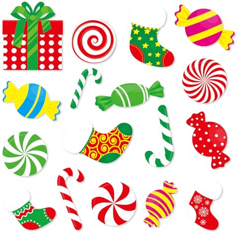 Christmas Paper Cutouts 76 Pieces Christmas Sweet Candy Cutouts for Bulletin Board Decor Candyland Party Decorations Stocking Wall Cut Outs for Winter Holiday Xmas Craft Office Home Party Supplies