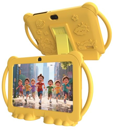 PEICHENG Kids Tablet 7 inch Android 12.0 for Toddler, 4GB RAM 32GB ROM Bluetooth IPS Screen Parental Control Dual Camera Shockproof Case for Educational Games (Yellow)