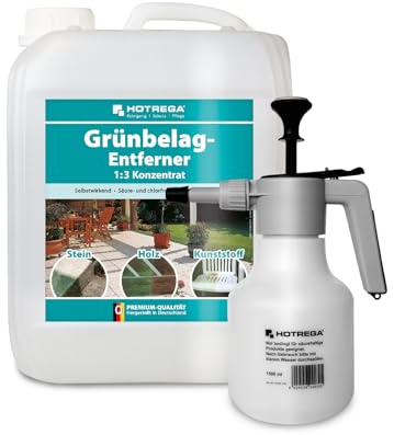 HOTREGA Grünbelagentferner 1:3 Konzentrat 5L | Inkl. 1.5L Druckspritze | Reiniger gegen Algen & Moos | Für Terrasse, Holz, Stein & WPC | 5 Liter ergeben bis zu 350m² | Ohne Schrubben
