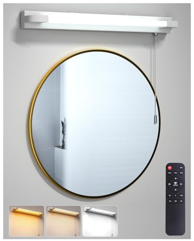 BrightArk LED Bathroom Mirror Light, 7W IP44 Waterproof Bathroom Wall Light with Remote & Pull Cord Switch, 3 Colors Dimmable Wall Lights for Bathroom Living Room