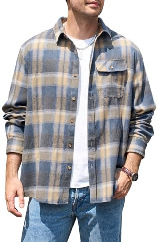 Runcati Camisa de manga larga para hombre a cuadros, camisa de franela con botones, camisa informal para hombre, corte regular, informal, con bolsillo en el pecho, azul, L