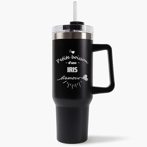Mug Isotherme 1,2L - Iris d'Amour Noire – Bouteille avec Anse, Paille et Couvercle – Idée Cadeau Gourde Personnalisée