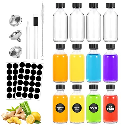 Yokuni 12 Stück Ingwer Shot Flaschen, 60ml Kleine Flaschen zum Befüllen | Ingwer Shotgläser mit Deckel, mit Trichter, Etiketten, Stift & Reinigungsbürste, für Whisky und Gewürze