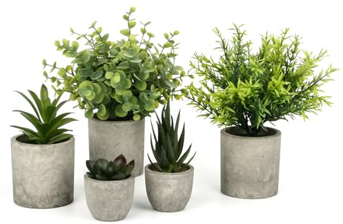 ZUPAPJO 5 Stück Kunstpflanze, Kunstpflanze mit Topf, Plastikpflanzen | Enthält Eukalyptus, Rosmarin und Sukkulenten, für Hochzeiten, Büros, Balkon, Wohnzimmer, Schreibtisch und Badezimmer