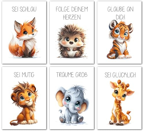 LAVEMA Kinder Affirmationsposter - Kinderzimmer Bilder DIN A4 (21x30cm) Poster Set Wanddeko Babyzimmer Deko Beige Affirmationsbilder Wandposter Junge Mädchen neutrale Tierbilder Wandbilder Tiere