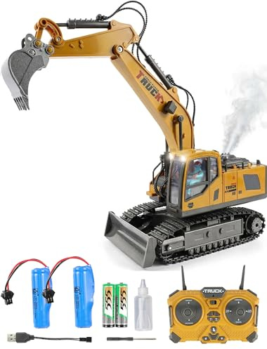 SHINESIGNAL RC Excavator Toy with 4*Battery Set, 13-Channel Remote Control Excavator for Boys 4-7 Alloy Bucket Metal Construction Vehicle with LED Lights, Sound and Water Spray Exhaust for Kids Gift
