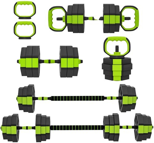 SPORTNOW Set Pesi da Palestra 6 in 1 da 25kg Totali in Plastica e Sabbia, Set Manubri Regolabili Utilizzabile come Kettlebell, Manubri, Bilanciere e Supporto per Flessioni, Allenamento a Casa, Verde