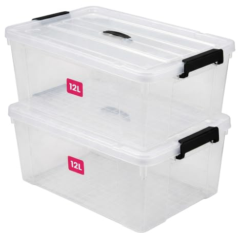 STL 2 x 12L Storage Boxes with Lids, Clip-Lock Lid, Stackable Clear Plastic Storage Containers With Lid For Home, Kitchen, Moving, Garage & Office (Set Of 2)