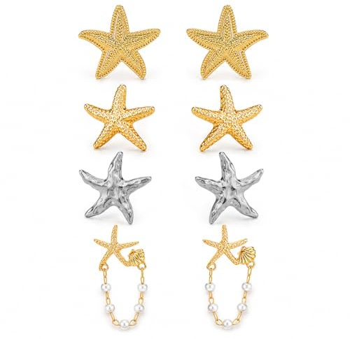EBHO 4 Paires Boucles d'oreilles femme pendantes étoile de mer dorées, Boucle doreille femme, Bijoux fantaisie femme