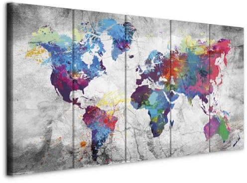 B&D XXL - Leinwandbild Abstrakt bunt Landkarte, 200x80 cm, 5-teilig, modern | Hochwertige Leinwand, sofort aufhängbar, ideal fürs Wohn- oder Schlafzimmer, wasserfest und lichtecht, langlebig, stilvoll