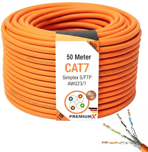Premium X 50m CAT 7 Netzwerkkabel LAN Kabel Verlegekabel Ethernet Installationskabel 10 Gbit/s AWG23 S/FTP - reines Kupfer LSZH BauPVO Klasse Eca Datenkabel Simplex - Orange